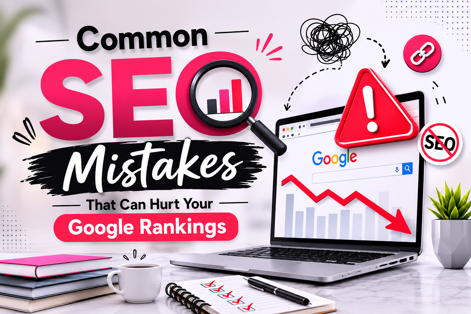 Common SEO mistakes that can hurt Google rankings and negatively affect website visibility and organic traffic.