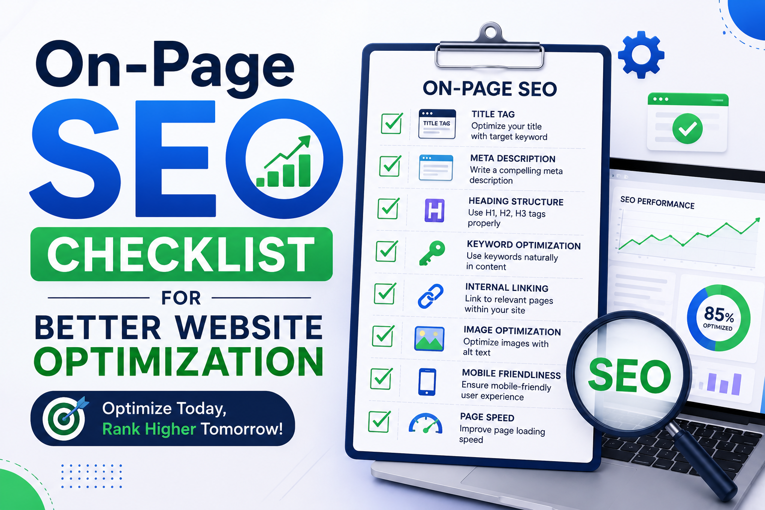 On-page SEO checklist for better website optimization, improved search rankings, and increased organic traffic.