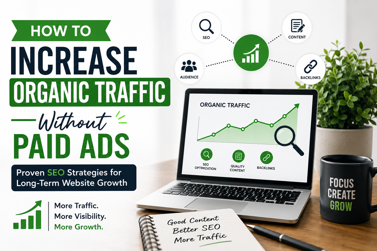 Illustration showing SEO strategies to increase organic website traffic without paid advertising, including keyword research, content marketing, backlinks, and website optimization.